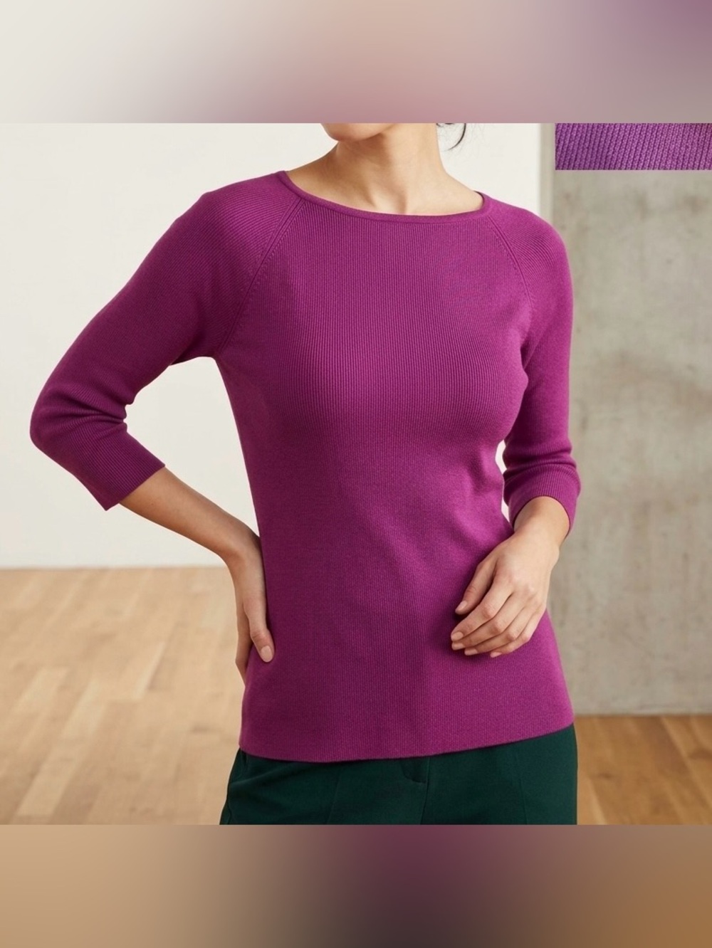 Vintage Urchin Mark Eisen Purple Silk Ribbed 3/4 Sleeve Boatneck Knit Top